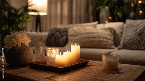 Cozy living room atmosphere with candles and soft lights photo