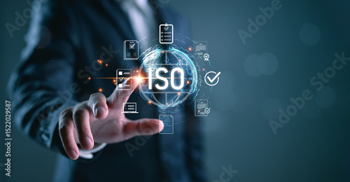 ISO certification and quality assurance concept with digital documents, checklists, and compliance icons, ideal for business standards, manufacturing, international regulation visuals. photo