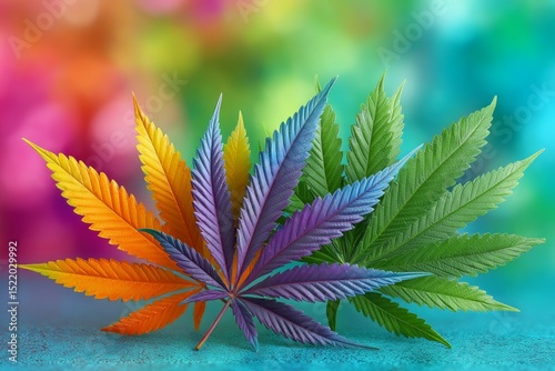Colorful cannabis leaves displaying a spectrum of vibrant hues on a gradient background