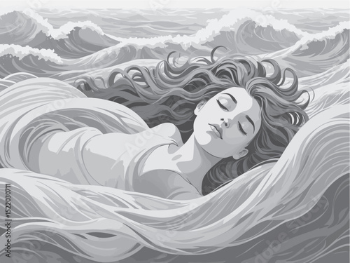 Flat Vector Illustration of a Person Lying Down with Hair Flowing as Ocean Waves in Monochrome