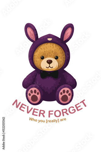 Teddy Bear in Bunny Costume Vector Illustration Isolated on White.