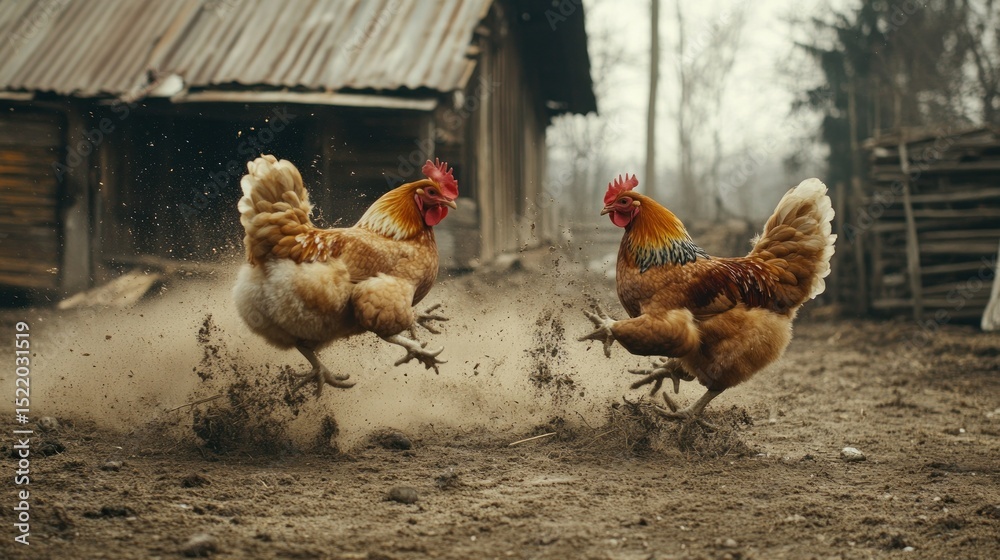 Fototapeta premium Two roosters fighting in a rural farmyard environment