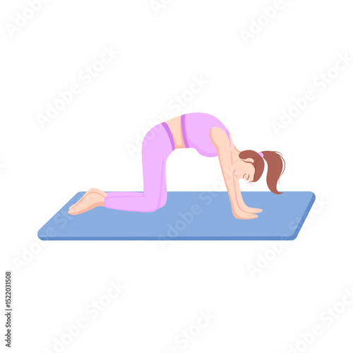Woman practicing yoga in a cat pose on a blue mat, perfect for wellness, fitness, self-care, and flexibility themes.  Flat vector illustration isolate on a white background.