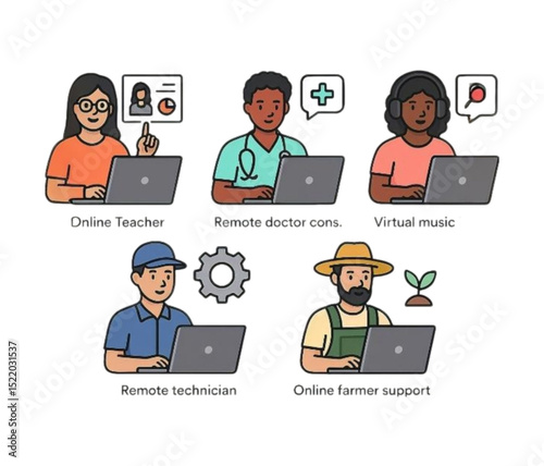 Diverse Professionals Working Remotely Online Teacher Doctor Technician Farmer Music Lesson Support