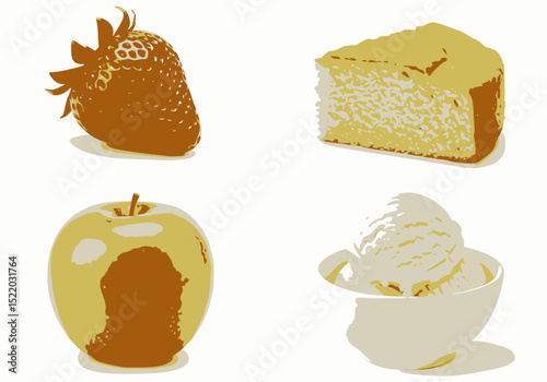 Four distinct food items: a strawberry, a slice of cake, a green apple, and a bowl of vanilla ice cream, isolated on white.