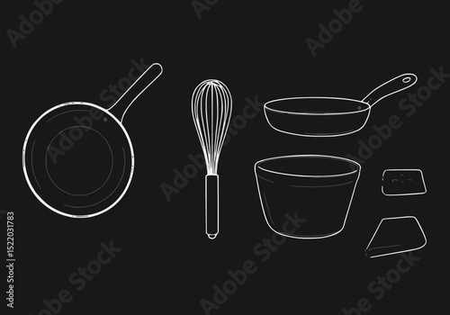 Minimalist white outline illustrations of various cooking utensils on a black background: frying pans, whisk, bowl, and spatulas.