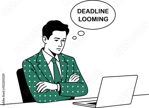 Man thinking about deadline looming with laptop business stress work pressure project management 100 editable stock vector illustration