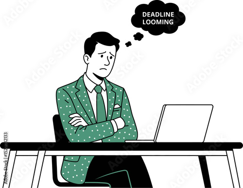 Deadline looming concept illustration of stressed businessman working on laptop under pressure at desk editable stock vector illustration