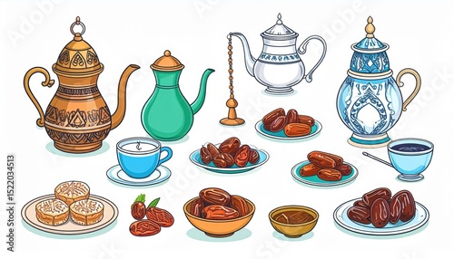 Pixel Art Illustration Of Tea And Dates Dishes Set