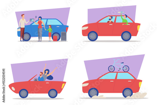 Families engaged in various activities involving cars, including washing, riding, and enjoying road trips. Joyful connections and shared experiences concept