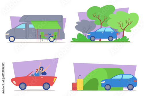Collection of illustrations depicting various travel scenarios. Two couples enjoying moments driving, while camper van setting up for outdoor fun amid nature