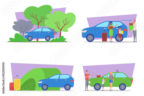 Different scenes with blue car surrounded by trees with families engaging in activities. Travelers preparing for journey, while others enjoying moments together outdoors