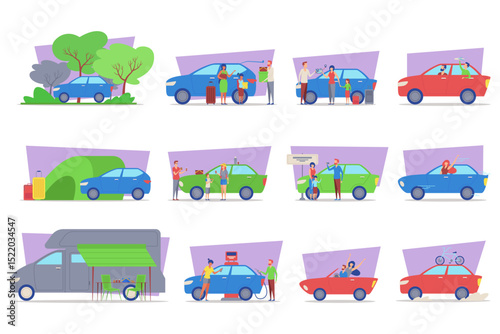 Different moments with people engaging with cars in various settings. Activities including packing, socializing, and preparing for trip, all depicted in colorful style