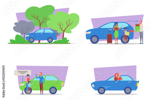 Various illustrations with family interactions with vehicles, including traveling, packing luggage, communicating, and celebrating moments