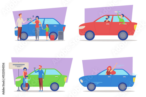 Different family moments with cars in bright collection. Families enjoying activities like chatting, playing, and dining, showcasing cheerful interactions in various settings