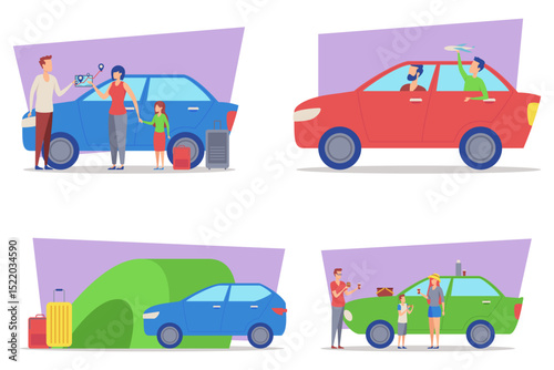Families engaged in various activities involving cars, including washing, preparing for trips, and enjoying outdoor fun