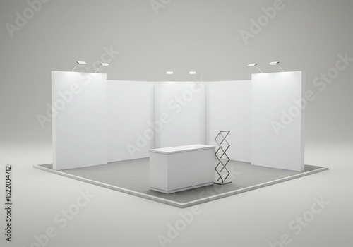 Empty Modern Exhibition Booth with Blank Panels and Accessories photo
