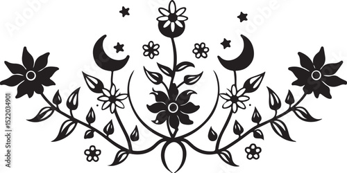 Black and white floral design elements feature vintage flower and leaf illustrations for ornate vector patterns, perfect for wallpaper or tattoo art decoration