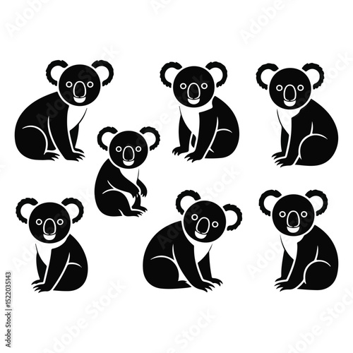Set of Cute Koala Silhouette Vector Icons, Isolated on Transparent Background