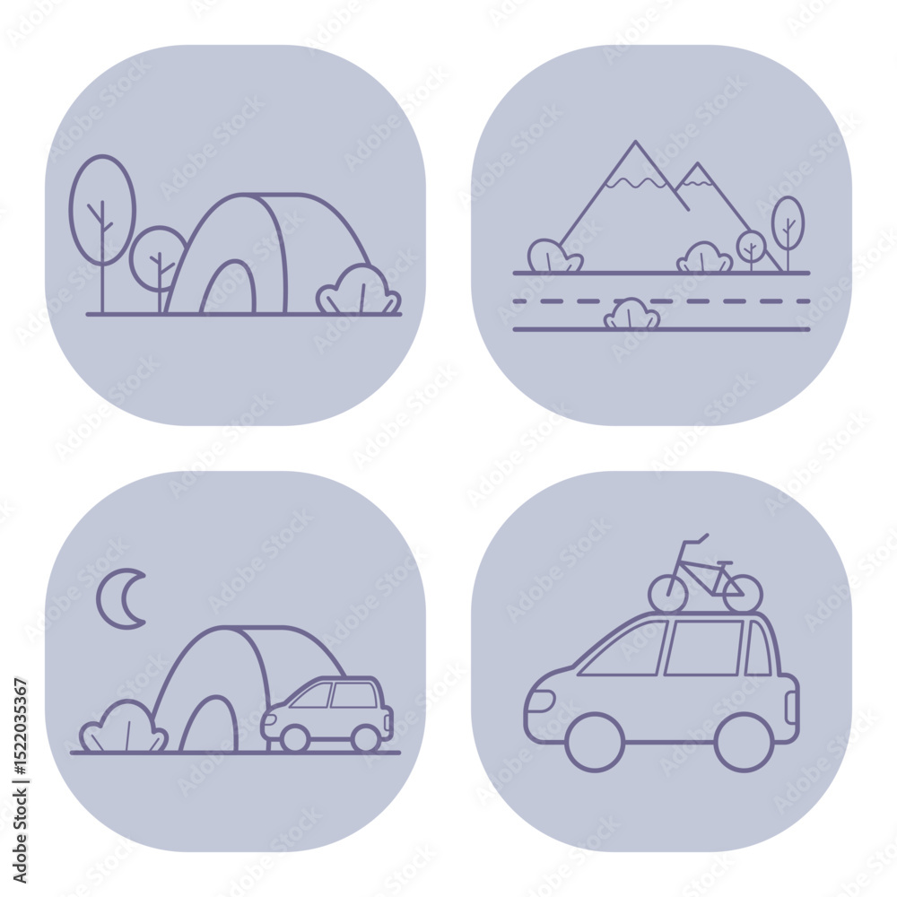 Fototapeta premium Set of line icons representing outdoor camping activities, including tents, mountains, vehicles, and bicycles against soft background. Perfect for illustrating adventure themes
