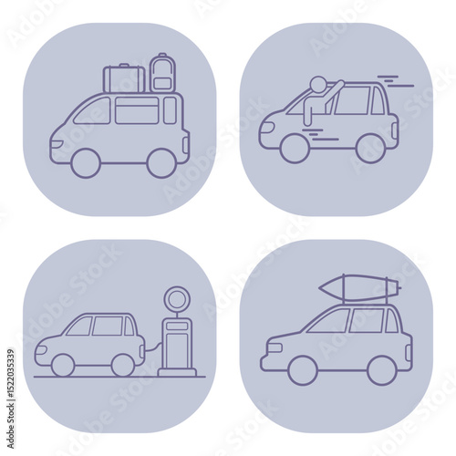 Collection of four simple line icons illustrating different vehicle activities including travel, refueling, and luggage transport. Each icon representing distinct aspect of vehicle use