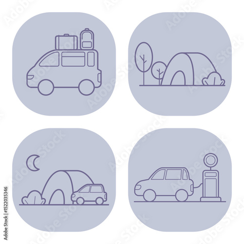 Collection of camping icons including vehicle with luggage, tents among trees, night scene with tent, and car near gas station. Perfect for outdoor-themed designs