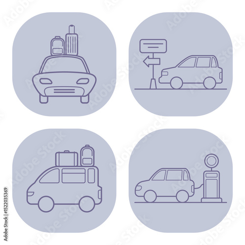 Set of line icons depicting transportation activities related to travel. Cars with luggage, signpost, and vehicle at gas station, illustrating travel services