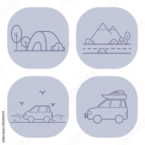 Collection of line icons depicting outdoor activities including camping, mountain scenery, road travel, and vehicle with boat. Adventure concept