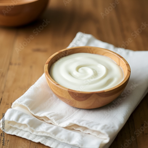 Close-up wooden bowl with yogurt on linen kitchen napkin on wooden table.