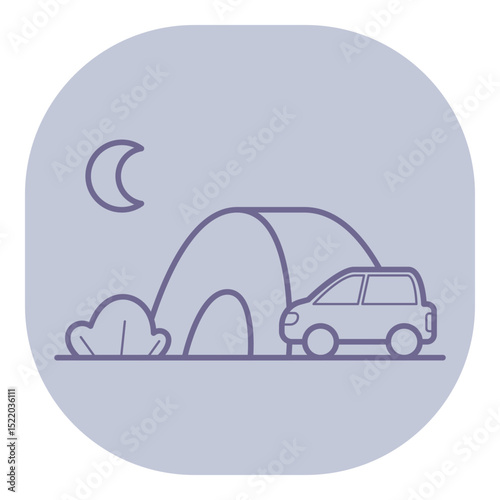 Peaceful campsite with tent and car parked nearby, illuminated by moonlight against serene night sky, surrounded by nature and trees