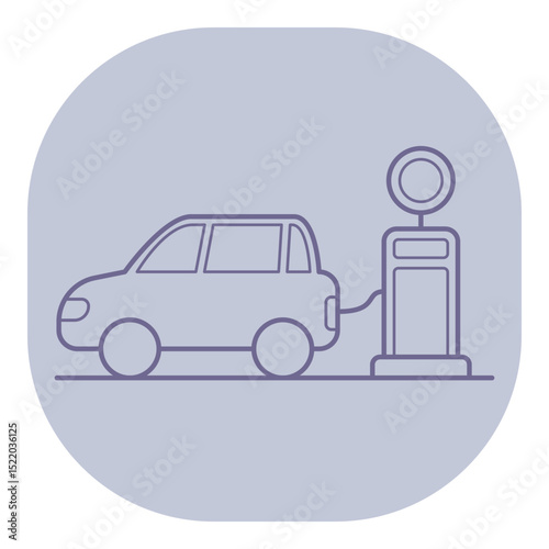 Line drawing of car parked at gas station, connected to fuel pump. Process of refueling concept