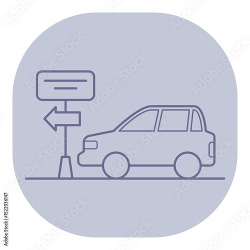 Car near directional sign indicating choices for drivers. Vehicle and signage concept