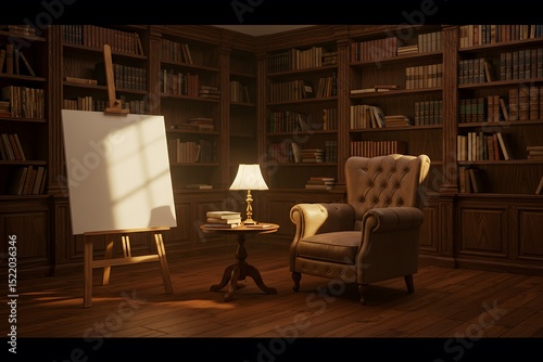 product advertisement, Blank empty white poster sign billboard mockup in old library,Blank empty white poster sign billboard mockup in old library, bookstore with hardwood floors and bookshelves,