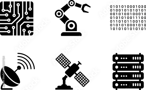 Technology icons set vector illustration of circuit board robot arm binary code satellite server dish 100 editable stock vector illustration