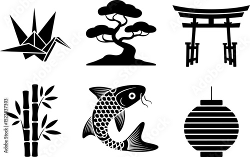 Japanese culture icons vector set origami crane bonsai tree torii gate bamboo koi fish and lantern art 100 editable stock vector illustration