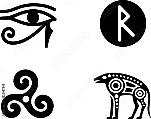 Exploring ancient symbols eye of horus rune triskelion and dog art vector design illustration 100 char editable stock vector illustration