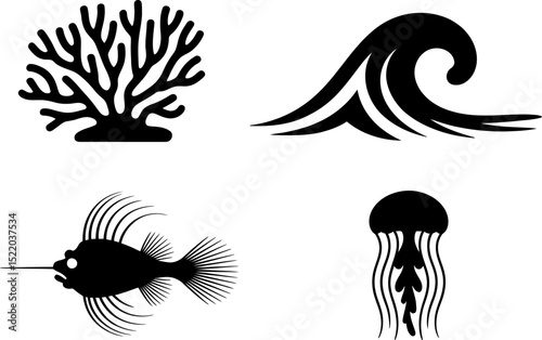 Vector silhouette of a woman with long hair and a fish tattoo design, ideal for tribal art and nature-themed illustrations