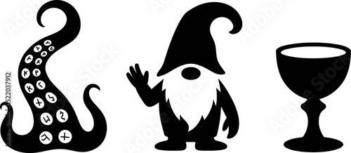 Vector art of gnome, octopus tentacle with runes, and goblet for halloween and fantasy themed designs editable stock vector illustration