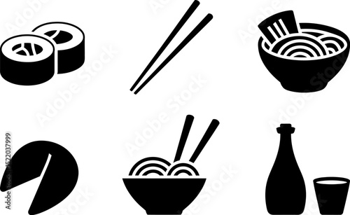 Chinese food asian cuisine sushi ramen fortune cookie sake chopsticks vector illustration icon set editable stock vector illustration