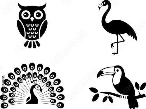 Vector illustration of owl flamingo peacock and toucan birds black and white clip art design drawing 100 editable stock vector illustration