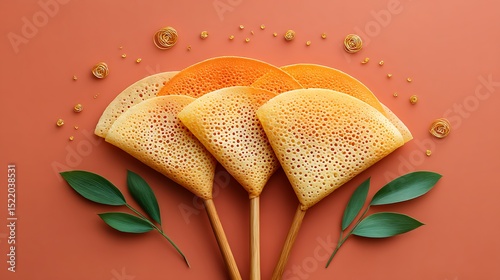 Artistic Thai Crispy Crepes (Khanom Buang) in Fan Arrangement with Floating Golden Egg Threads

 photo