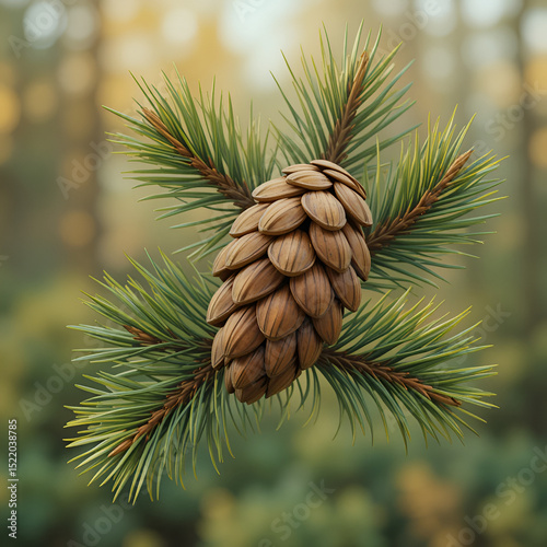 Cartoon spruce cone with evergreen needles captures the essence of autumn forest nature. Isolated vector elongated and woody seed-bearing structure of a spruce tree contains scales that protect seeds