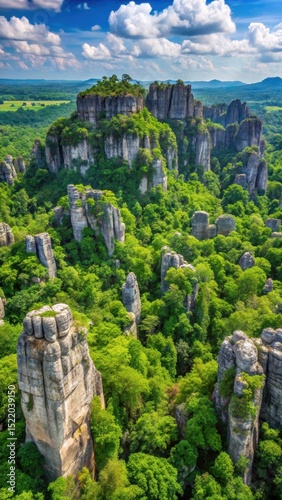 Dense forest of limestone rock formations near a scenic viewpoint with a vast expanse of greenery and towering trees