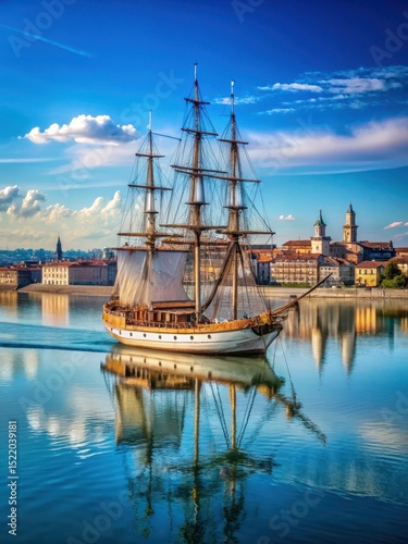 Wallpaper Mural Historic sailing ship navigating through calm waters towards Italian coast with Novara cityscape in background Torontodigital.ca