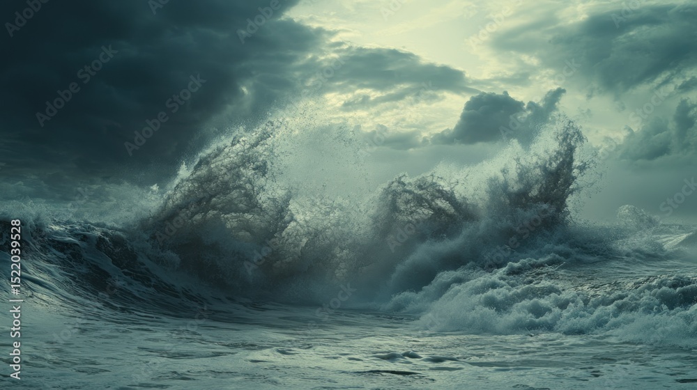 Fototapeta premium A powerful ocean wave crashes under a dramatic stormy sky