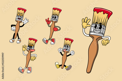 Set of Happy Paintbrush in Various Poses Character Cartoon Illustration Retro style