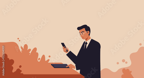 a man in a suit is using his cell Clean Flat Style Vector Illustration. Suitable for Landing Page, Marketing Presentation, Infographics, Social Media Posts, Blog Illustration, etc.