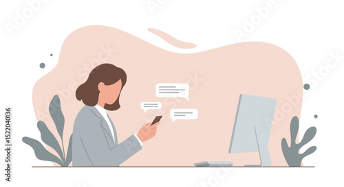a woman sitting at a desk with a phone and a computer Modern Flat Vector Illustration. Suitable for Landing Page, Marketing Presentation, Infographics, Social Media Posts, Blog Illustration, etc.
