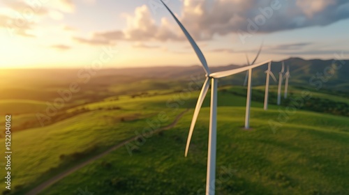 Fototapeta Naklejka Na Ścianę i Meble -  Vast green landscape with multiple large wind turbines du sunset demonstrating renewable energy power generation