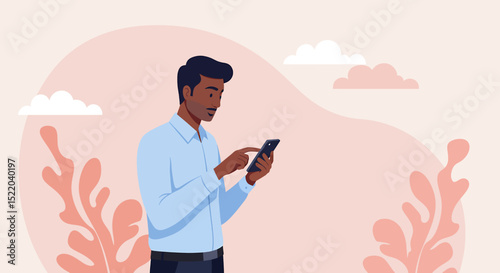 a man standing in front of a plant using a cell Contemporary Flat Vector Illustration. Suitable for Landing Page, Marketing Presentation, Infographics, Social Media Posts, Blog Illustration, etc. 